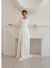 Long Sleeves Ivory Chiffon Slit Beach Wedding Dress